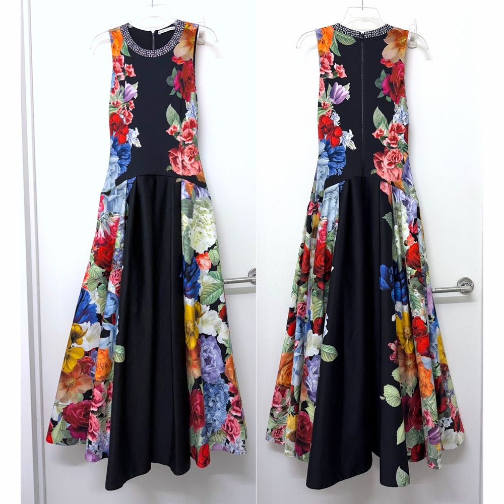 Alice + Olivia Adley Drop Waist Midi Dress Garden Brunch Black Floral Colorful 4 - Picture 2 of 16